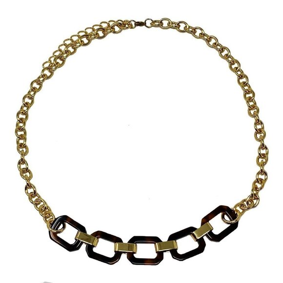 Womens Fashion Tortoise Shell Gold Tone Link Necklace w 5 Tortoise Links NEW - Picture 2 of 3